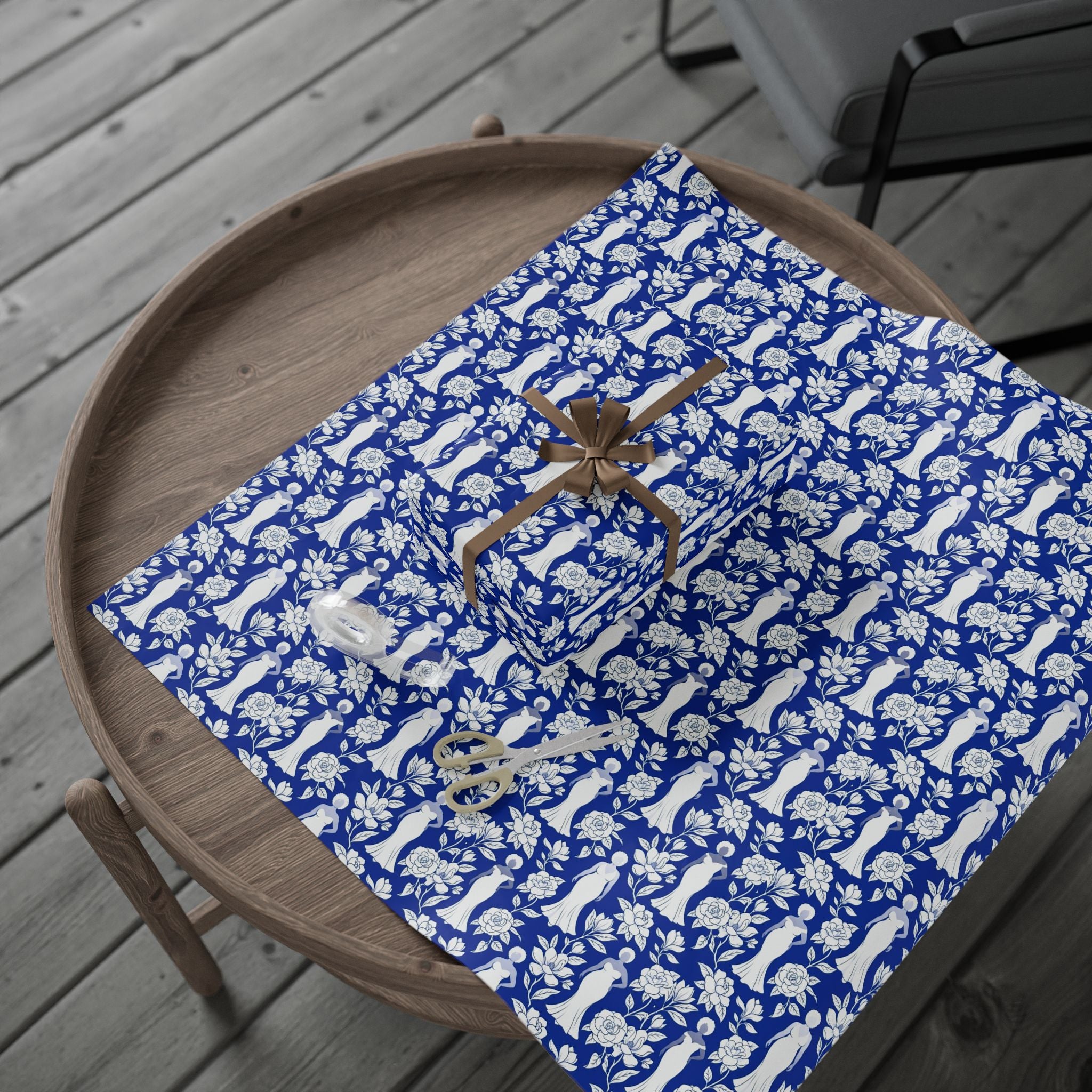 Royal Blue & White Floral Silhouettes Wrapping Paper — Family Wrap Co.