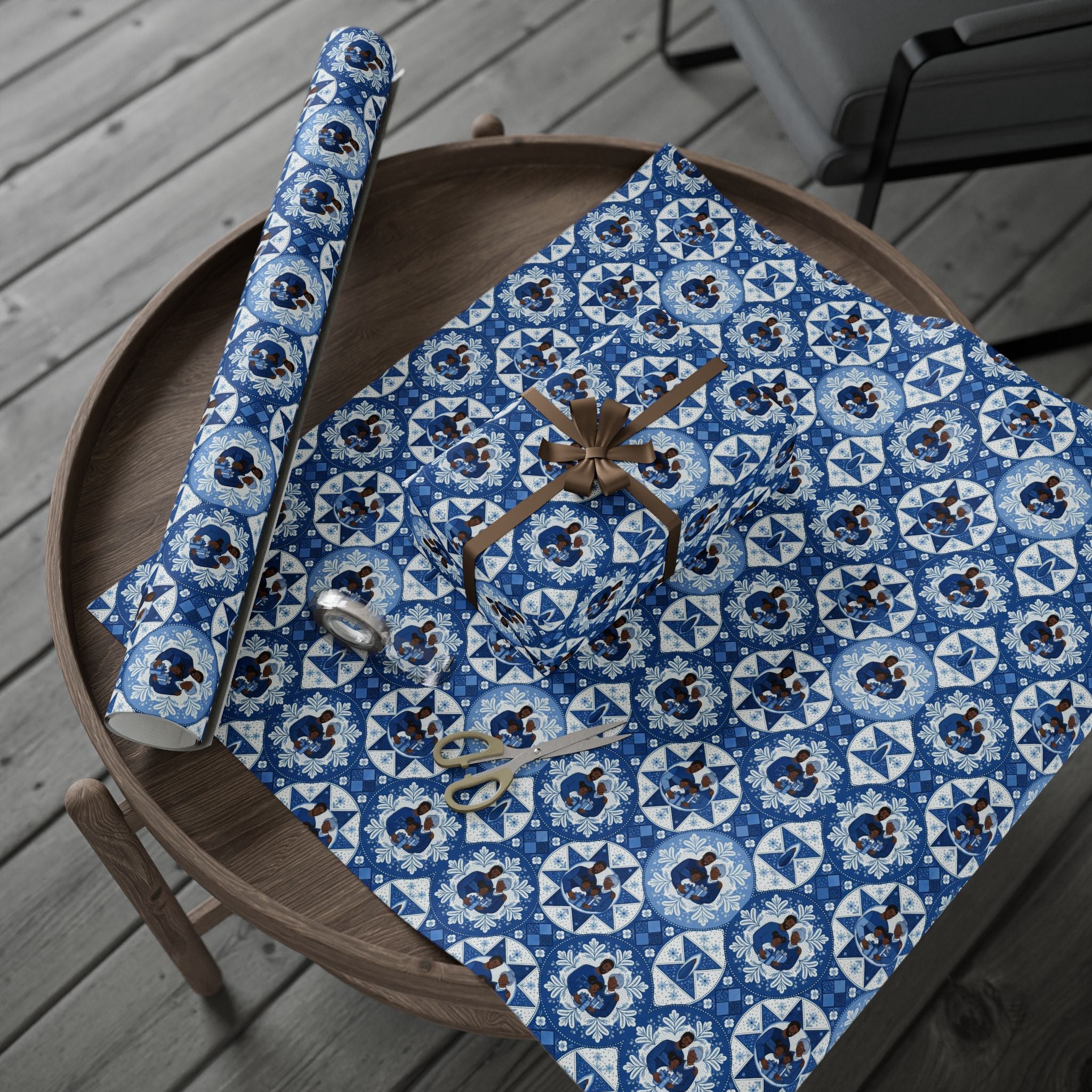 Royal Blue & White Snowflake Quilt Wrapping Paper — Family Wrap Co.