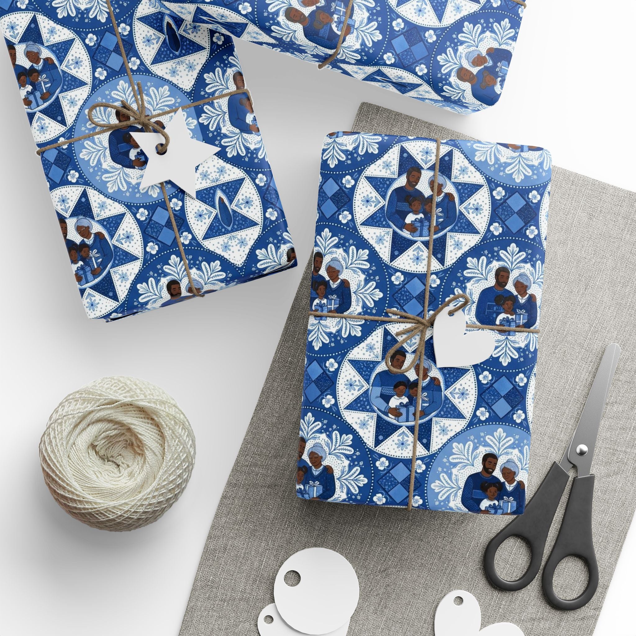 Royal Blue & White Snowflake Quilt Wrapping Paper — Family Wrap Co.