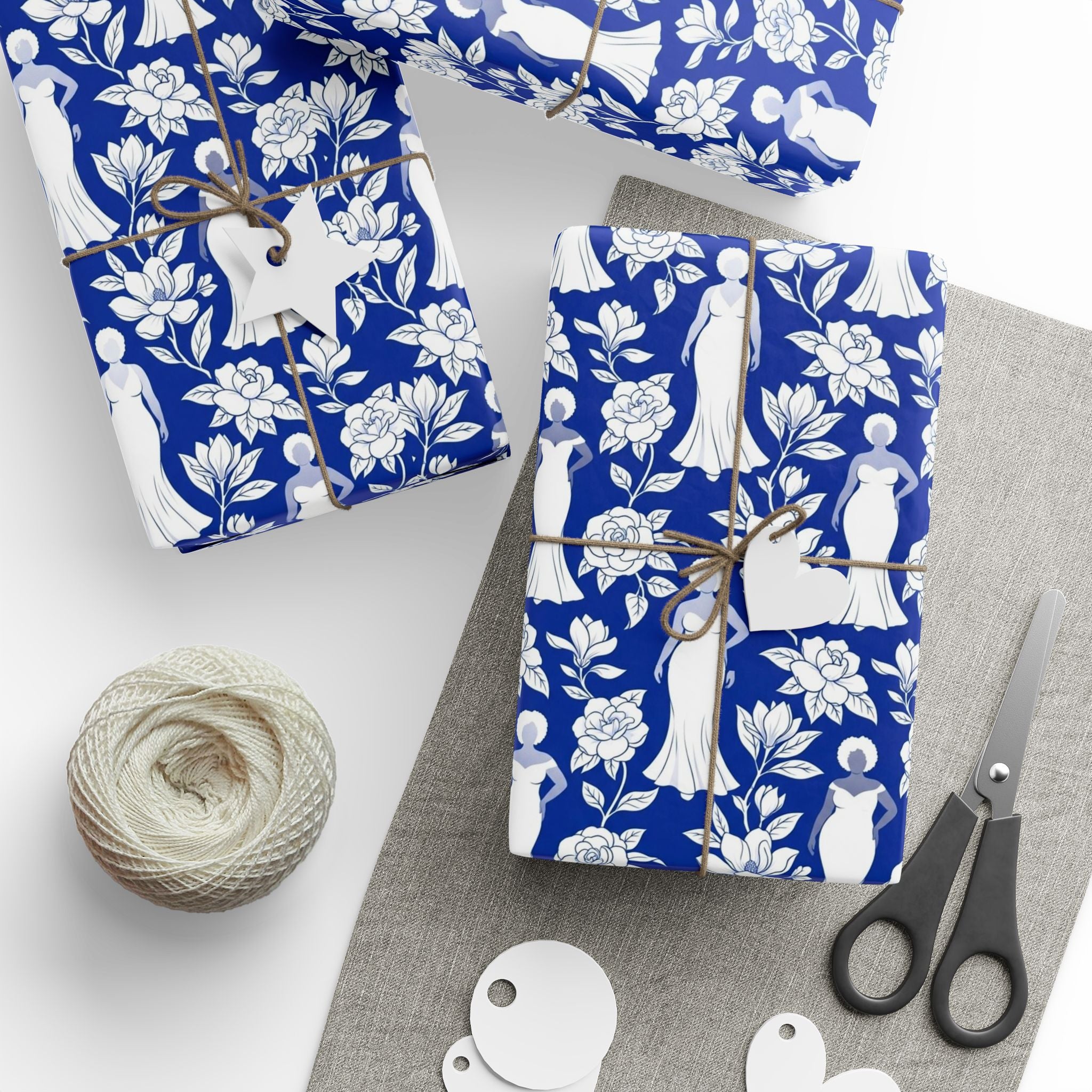 Royal Blue & White Floral Silhouettes Wrapping Paper — Family Wrap Co.