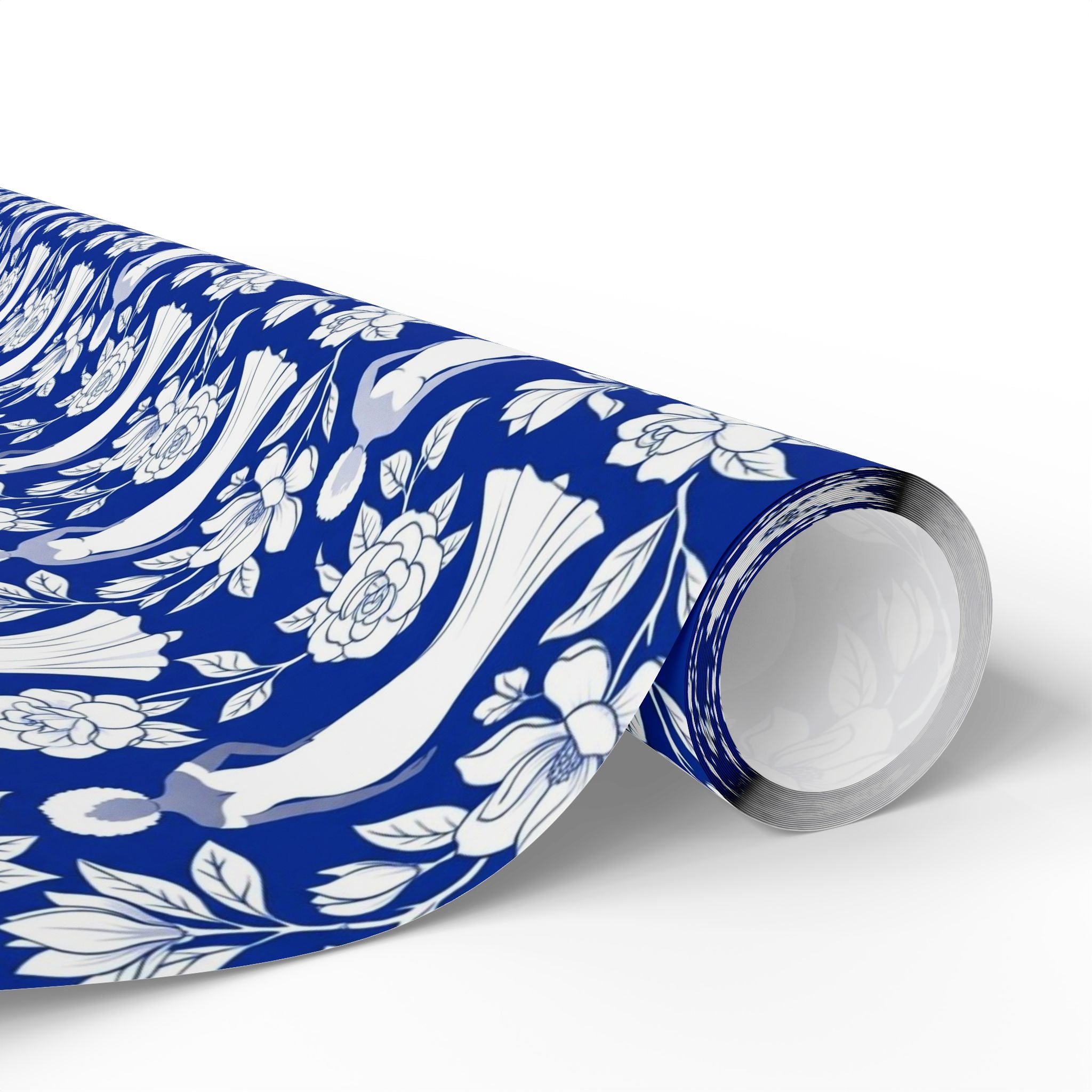 Royal Blue & White Floral Silhouettes Wrapping Paper — Family Wrap Co.