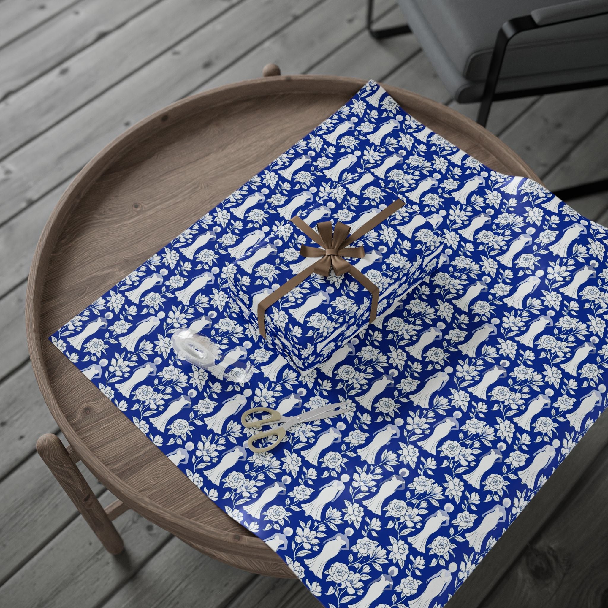 Royal Blue & White Floral Silhouettes Wrapping Paper — Family Wrap Co.