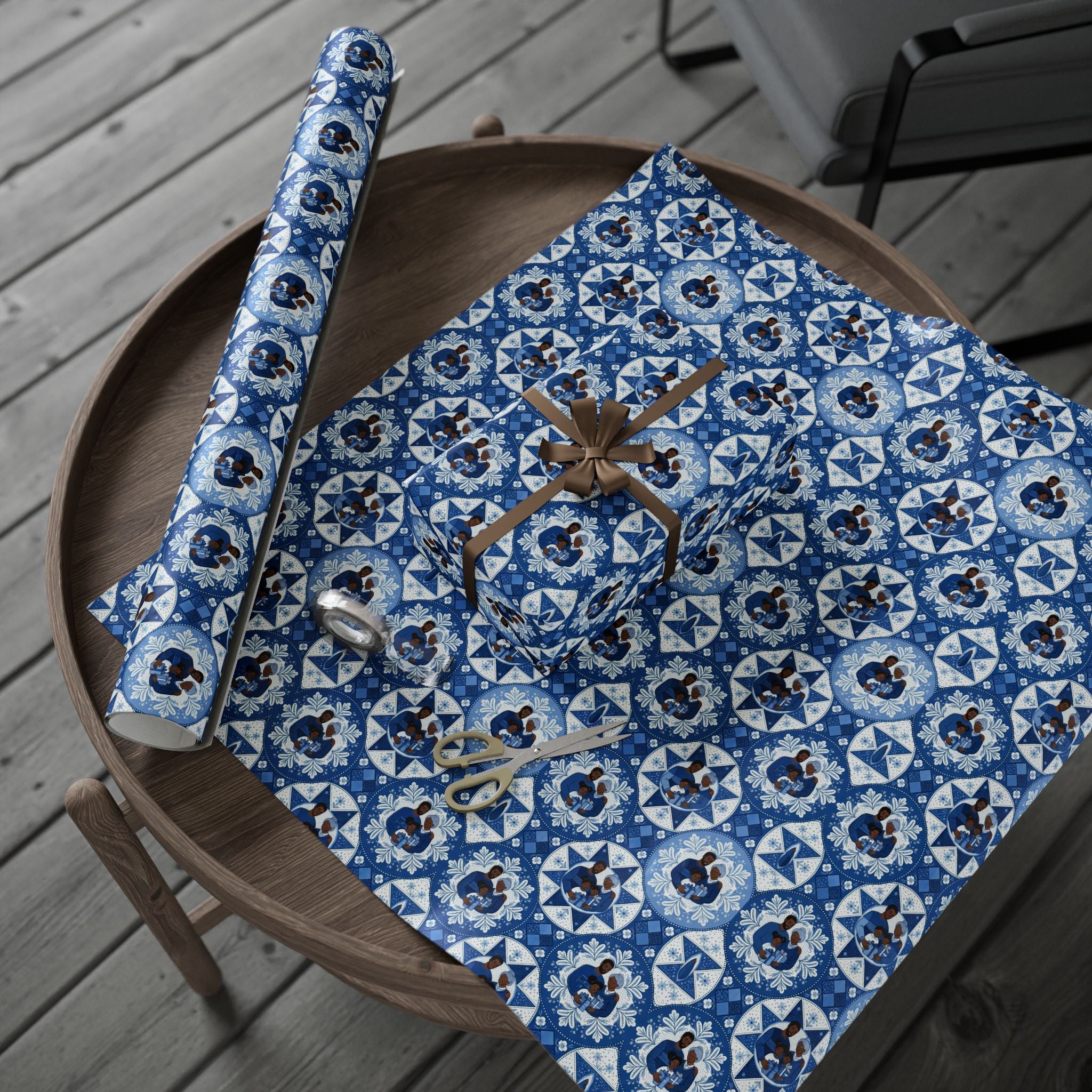 Royal Blue & White Snowflake Quilt Wrapping Paper — Family Wrap Co.