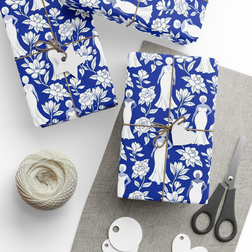 Royal Blue & White Floral Silhouettes Wrapping Paper — Family Wrap Co.