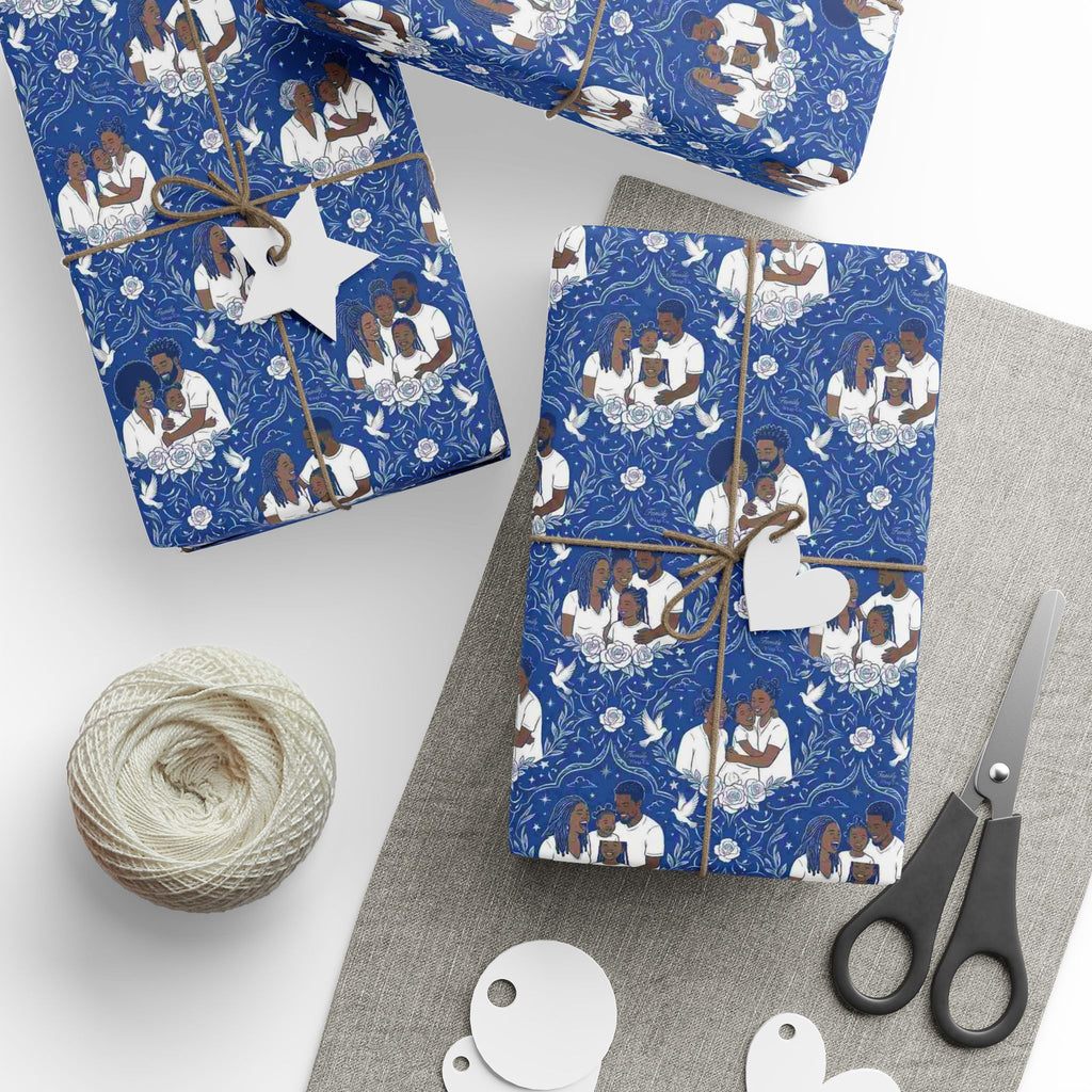 Star Rise Families of Light — Royal Blue & Silver Celestial Wrapping Paper — Family Wrap Co.
