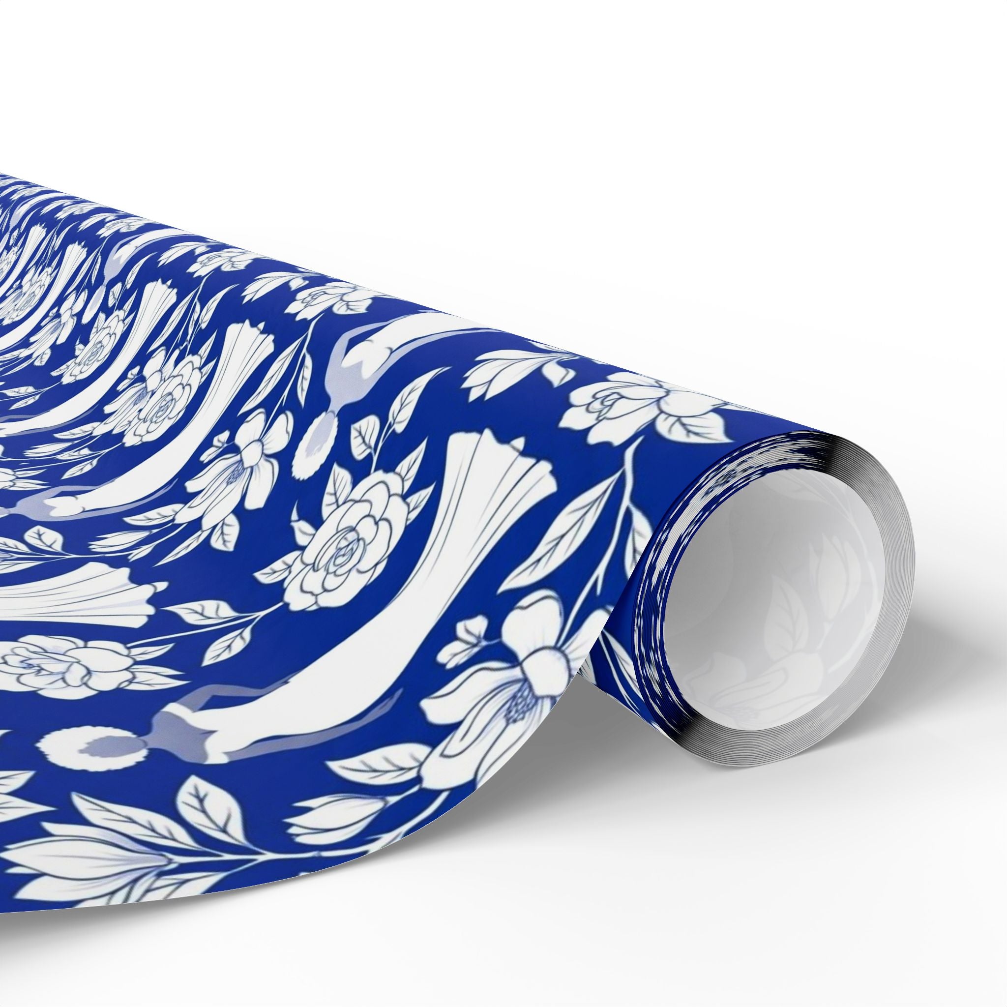 Royal Blue & White Floral Silhouettes Wrapping Paper — Family Wrap Co.