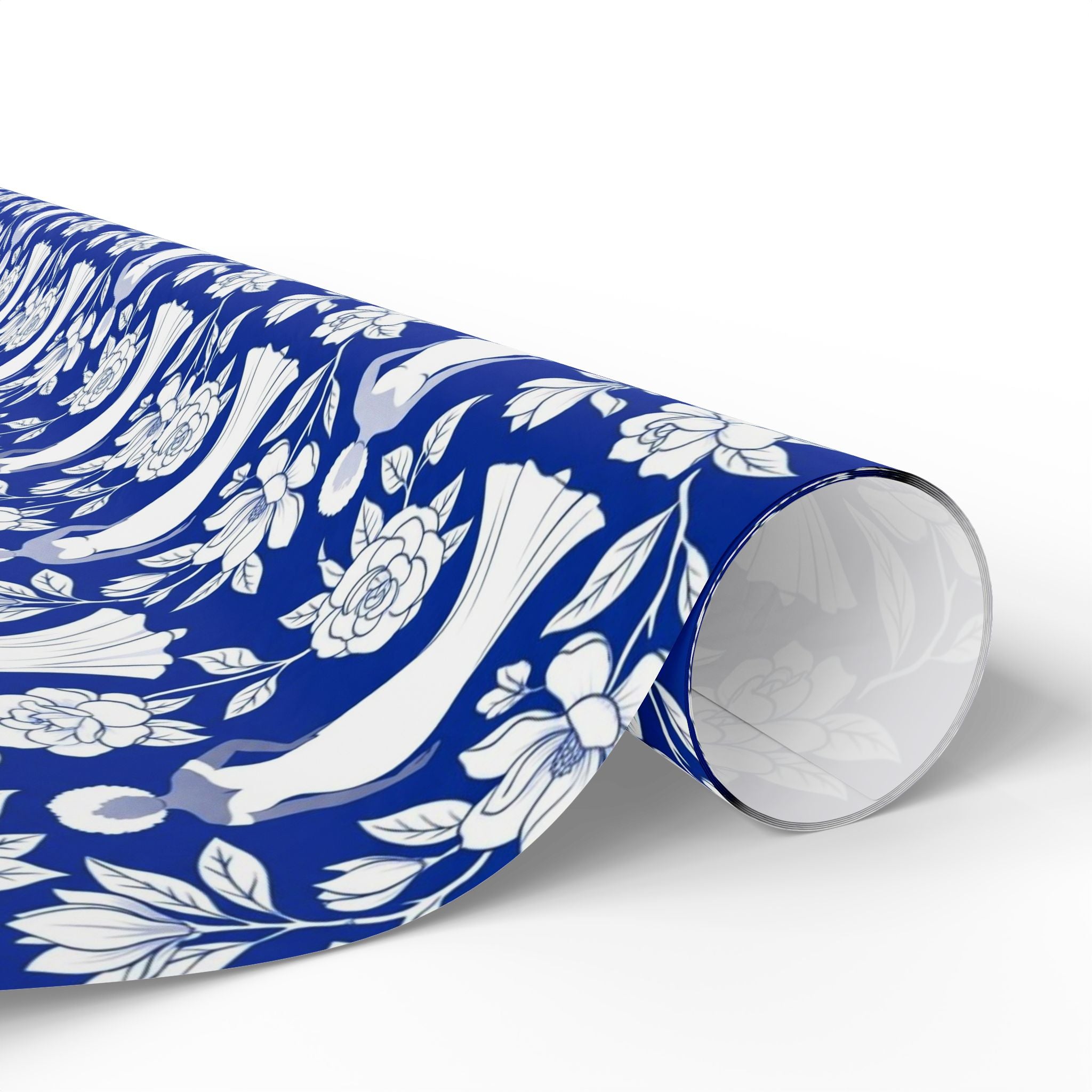 Royal Blue & White Floral Silhouettes Wrapping Paper — Family Wrap Co.