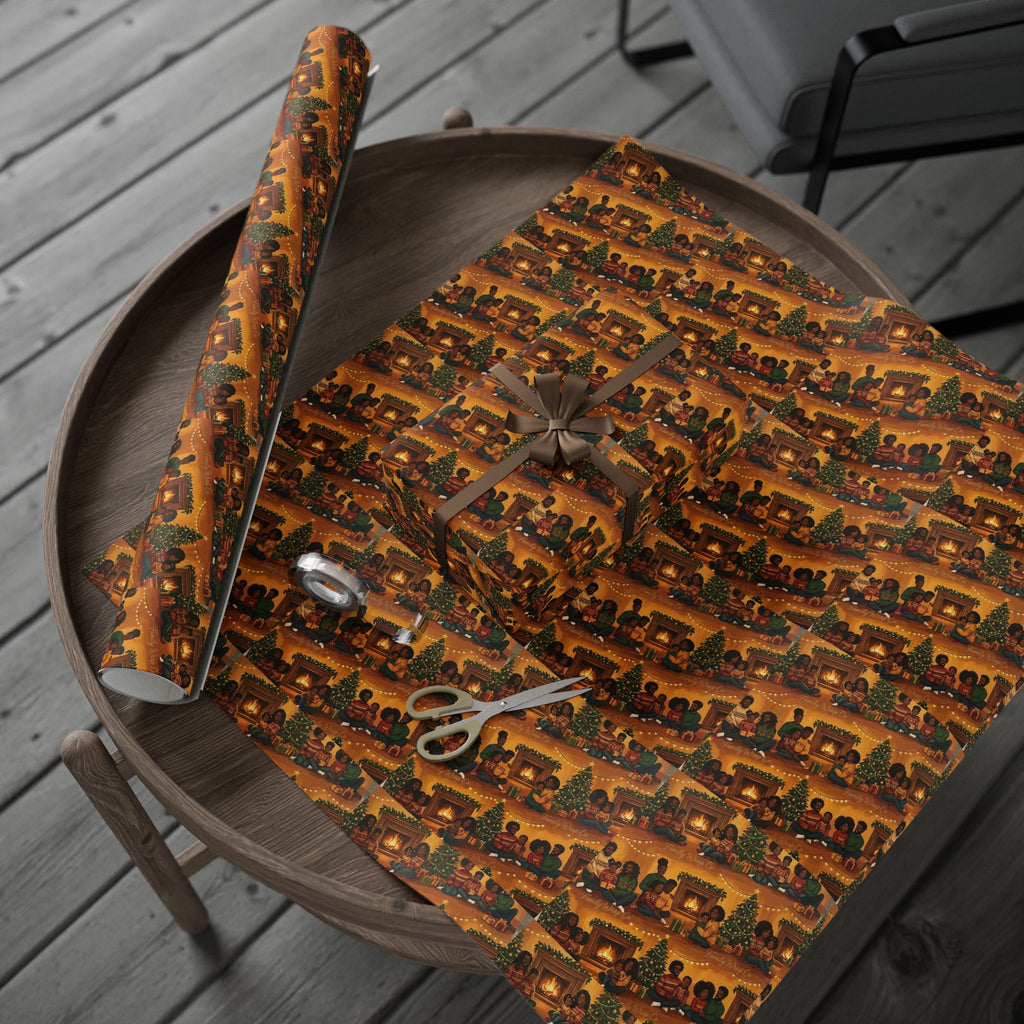 Cozy Family Christmas Gathering Pattern — African American Gift Wrap by Family Wrap Co.
